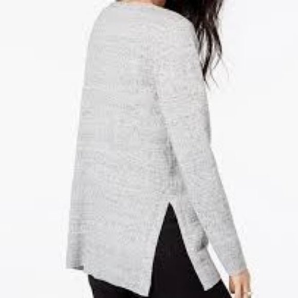 Maison Jules Sweater Medium Gray Heathered V'neck Side Slits Oversized Tunic - Picture 2 of 5